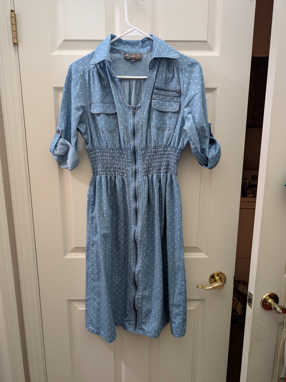 Light Blue Polka Dot Shirt Dress with Smocked Waist - Picture 2 of 3